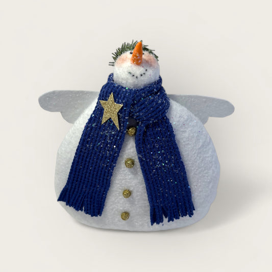 Little snowman decoration made of white fabric, with nav scarf and felt wings